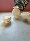 Vintage Hobnail Milk Glass Vanity Set Vase Pedestal Bowl Dish Fenton Style