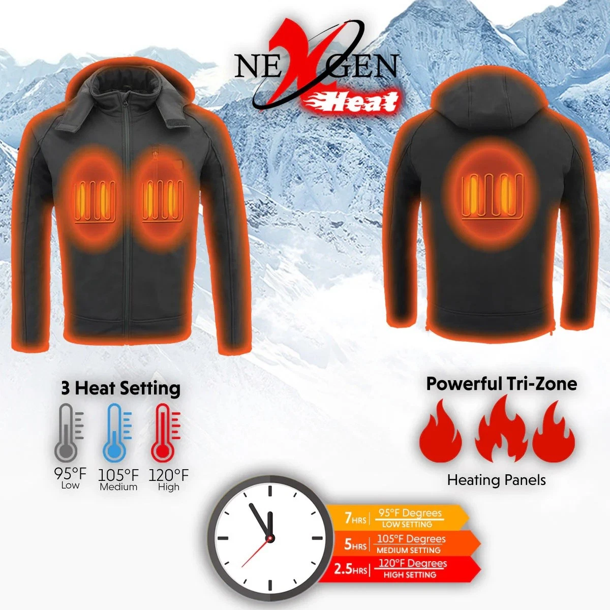 NEXGEN HEAT MEN'S BLACK 'HEATED' SOFT SHELL HOODED ZIPPER FRONT JACKET - USAHL