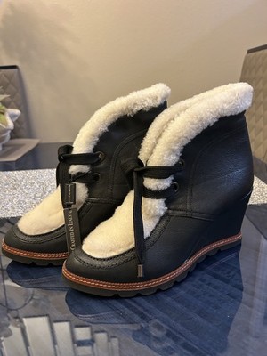 Fabianelli Womens Wedge Booties Black Leather Boots Sherpa Sz EU 40 Italian