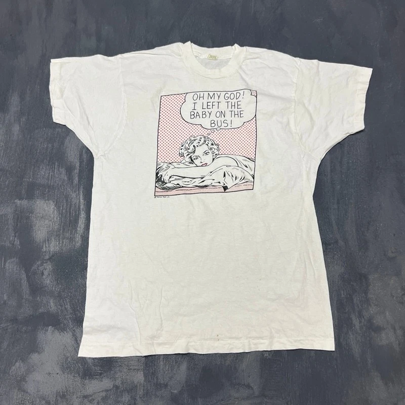 Vintage Roy Lichtenstein Flying Fish Shirt Mens Large White 1980s Baby On Bus