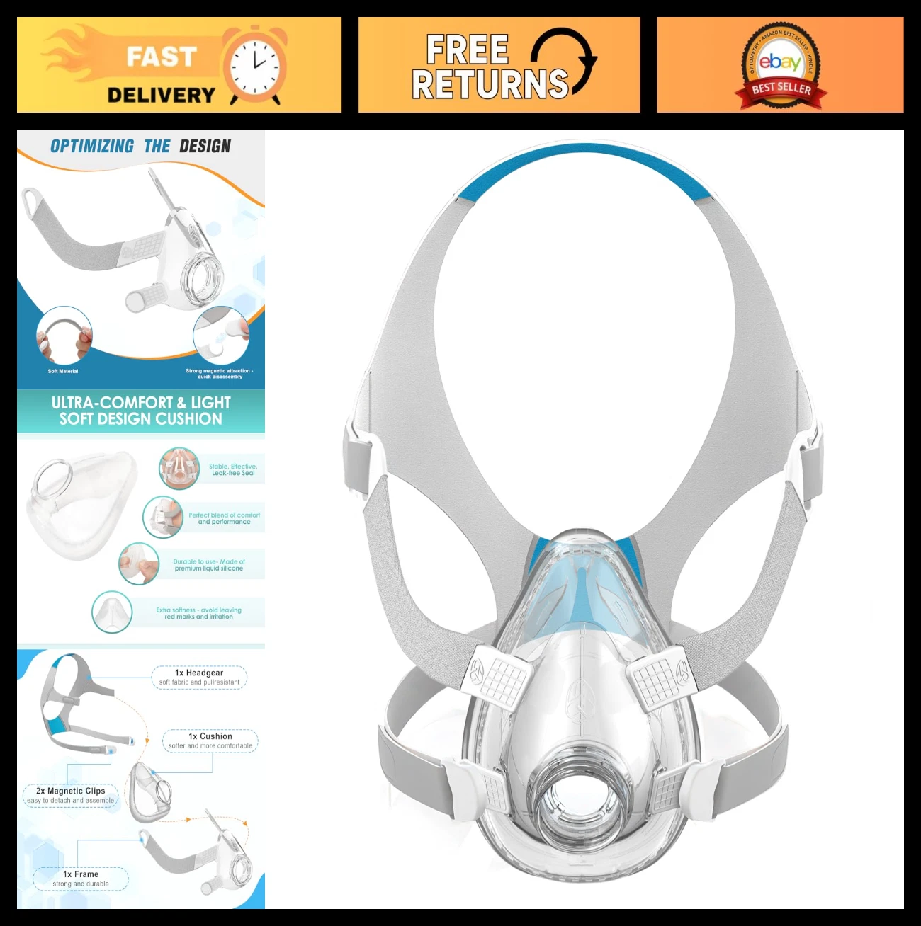 Full Face CPAP Mask Replacement Set - Cushion, Headgear, Frame & Clips - Large