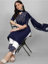 Indian Pakistani Women Navy Blue Kurta/Kurti with Trousers Dupatta