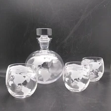 Etched World Map Whiskey Decanter Set 750ML With 3 - 10 oz Map Glasses 