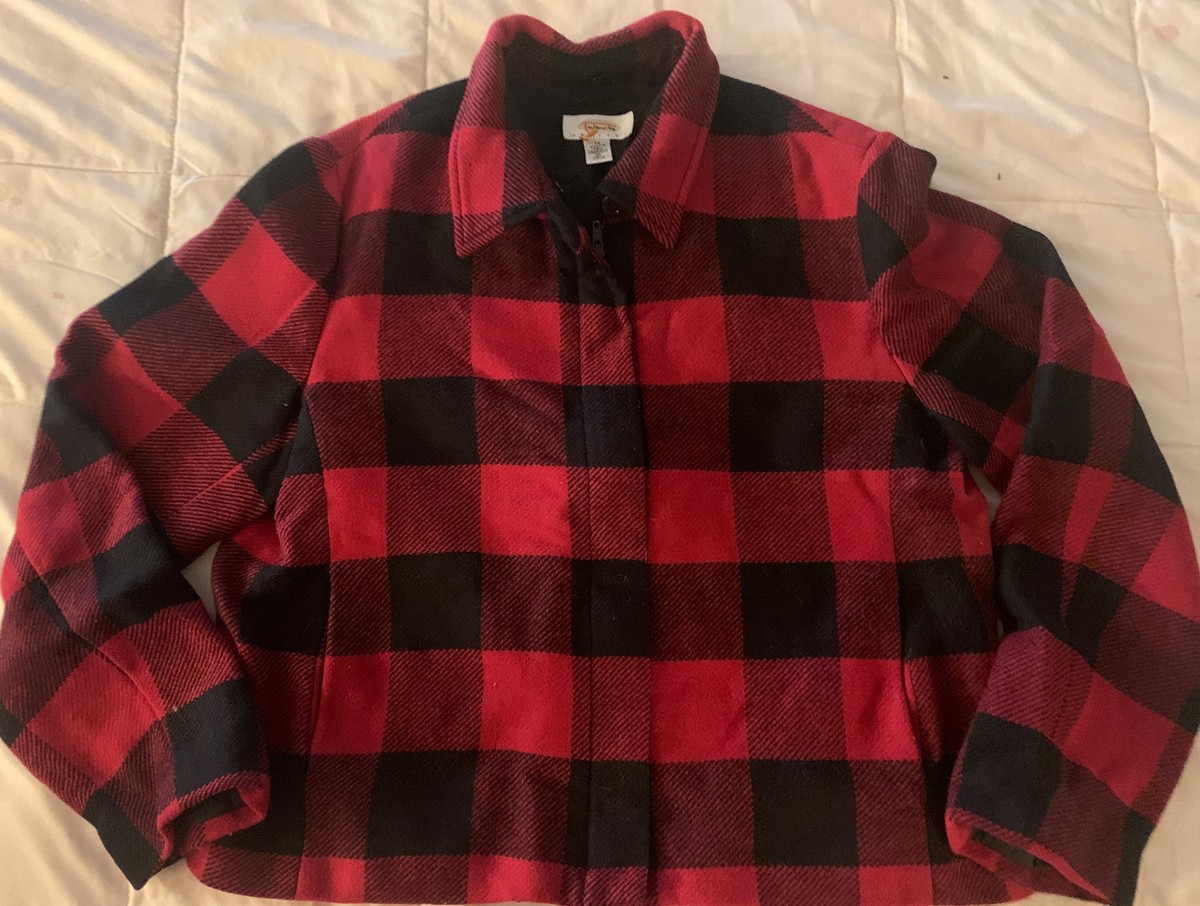 TALBOTS Vtg Red Black Buffalo Plaid Cropped 100% Wool Zippered Jacket 12P