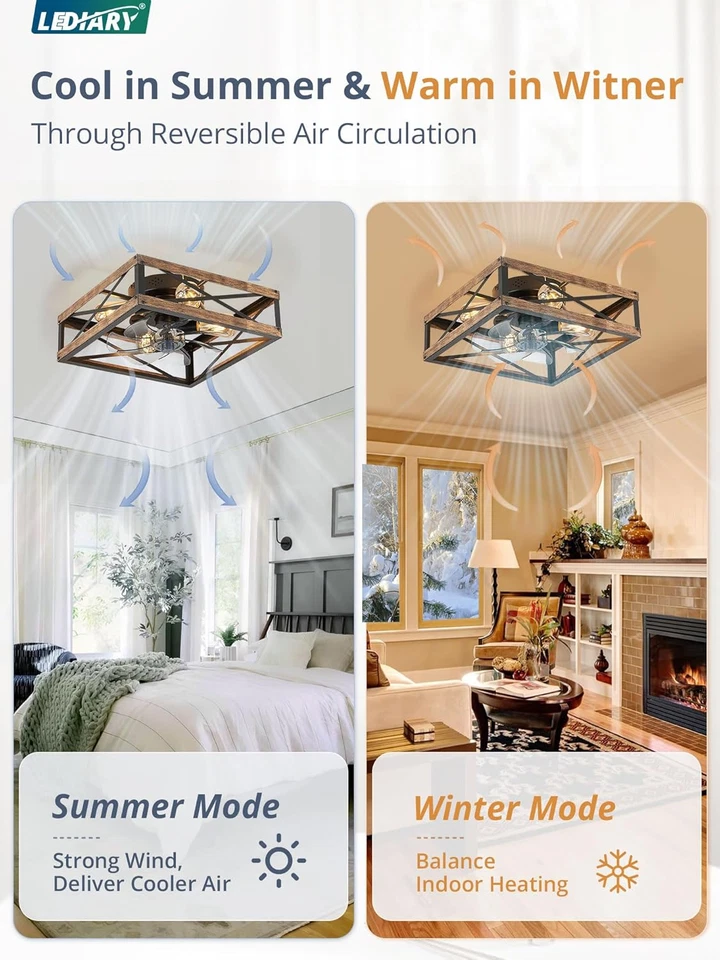 Caged Low Profile Ceiling Fans with Lights and Remote, Rustic Square Flush Mount - Image 3 of 4