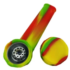 Silicone Smoking Pipe with Metal Bowl & Cap Lid | Red Yellow Green “Rasta”| USA