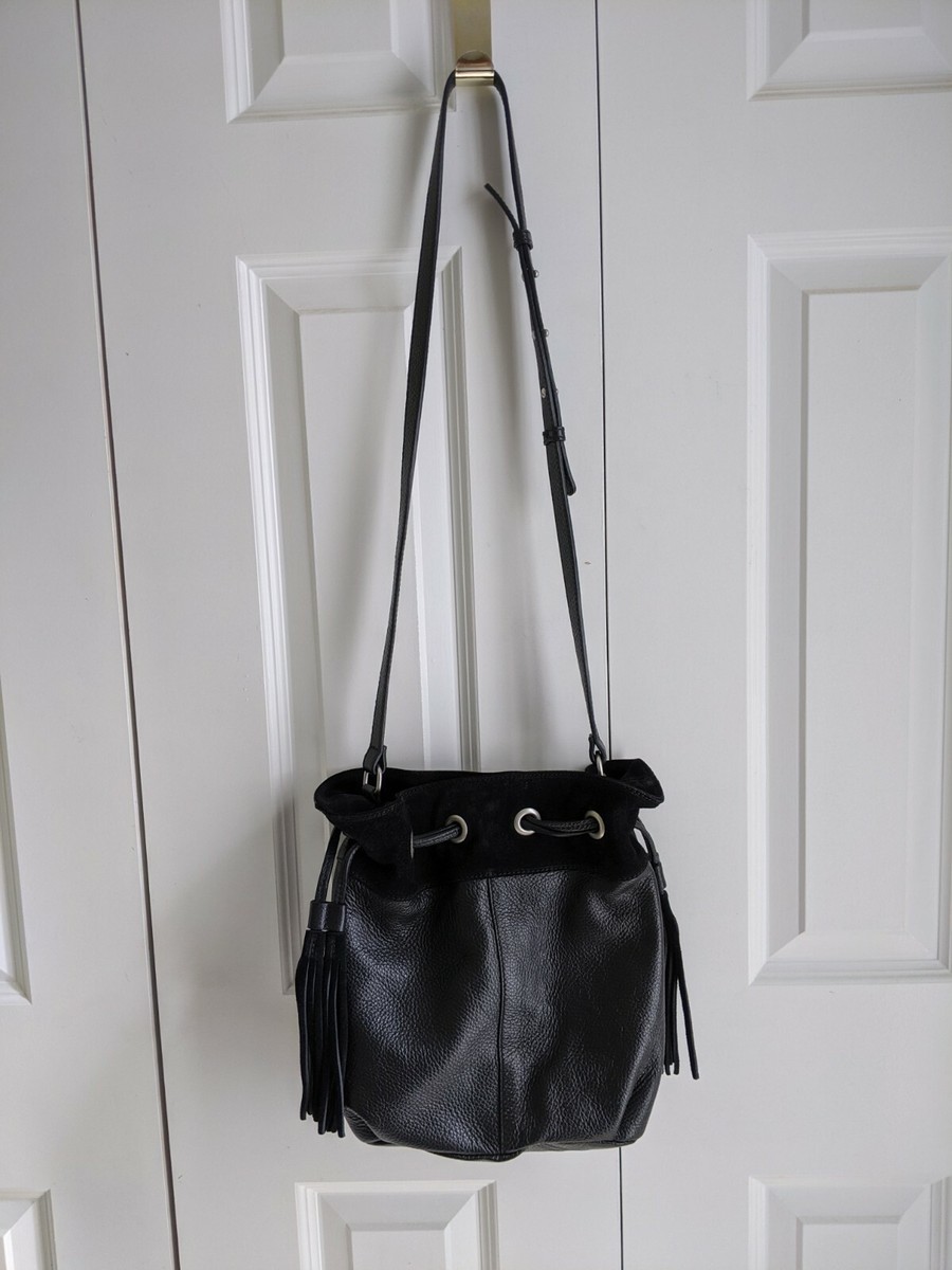 American Eagle Black Pebble Leather And Suede Bucket Drawstring Bag with  tassels