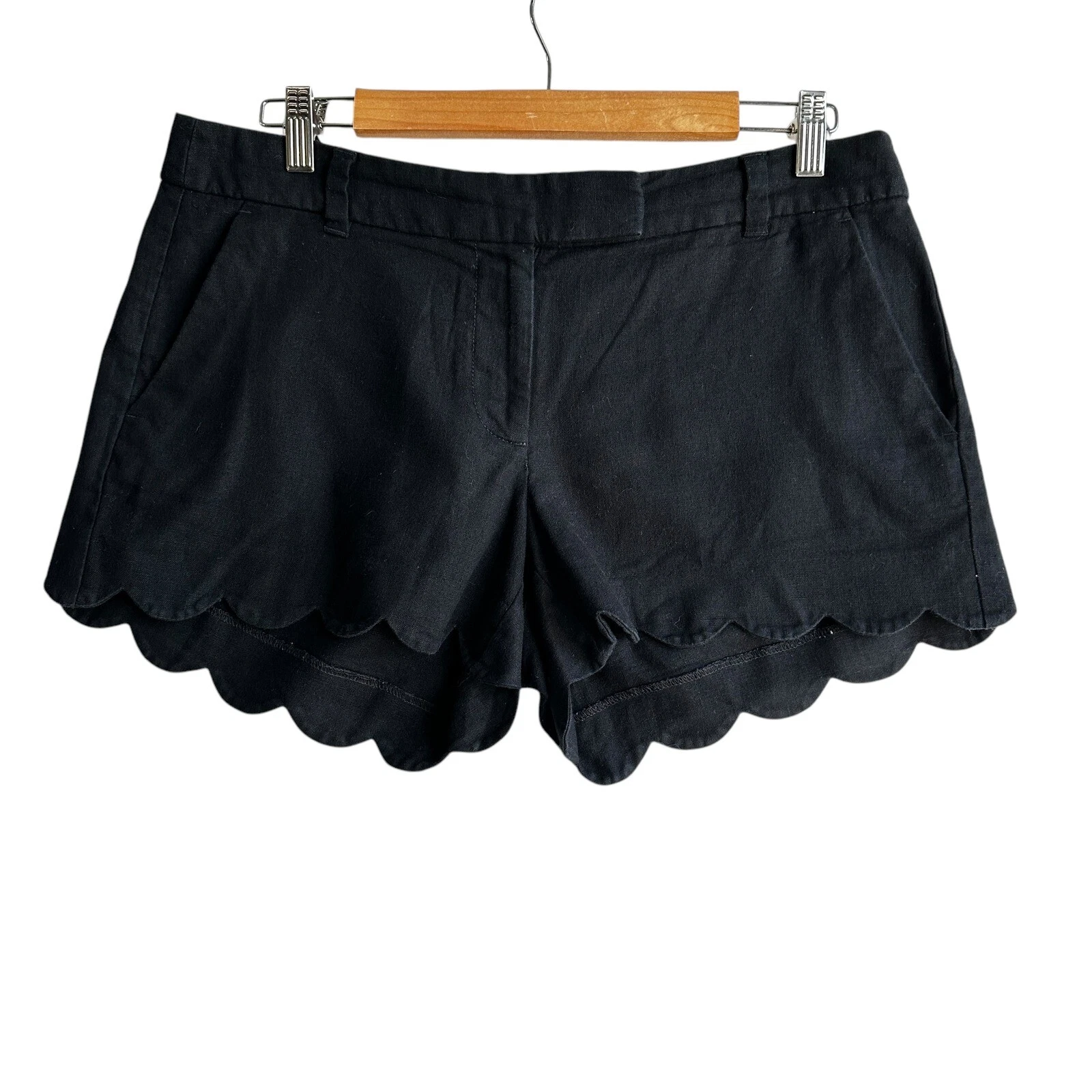 J. Crew Chino Shorts Linen Blend Black Scalloped Hem Classic Travel Size 8