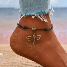 Women Dragonfly Pendant PU Leather Braided Anklet Retro Western Fashion Gift New