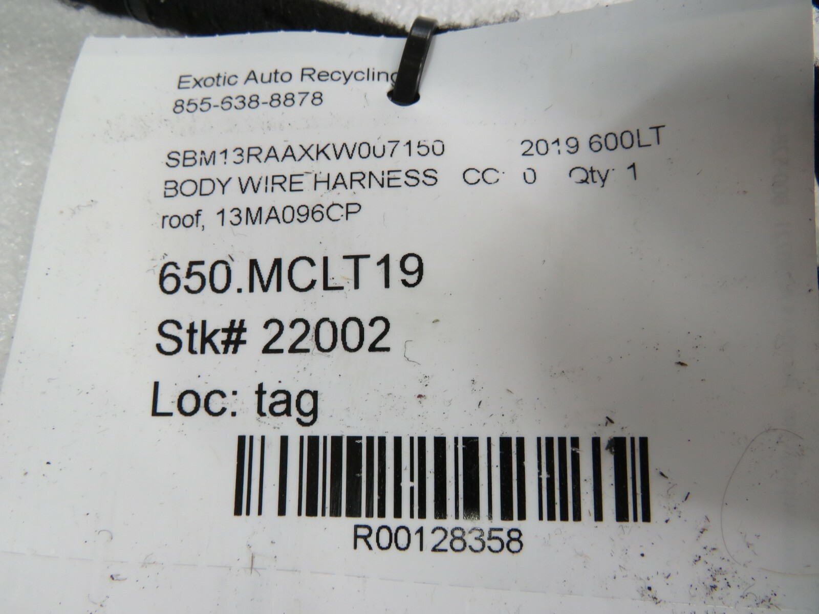 Mclaren 600LT, Roof Wire Harness, Used P/N 13MA096CP