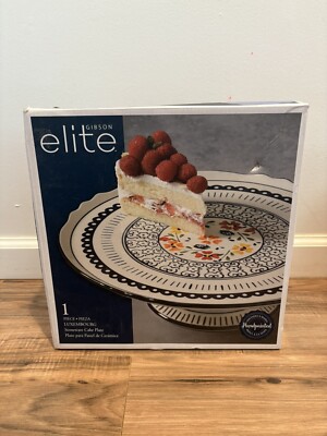 Gibson Elite Luxembourg 1 Pc. Stoneware Cake Plate Blue White Handpainted NEW