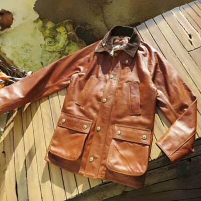 Mens Cowhide Leather Retro British Hunting Coat Vintage Style