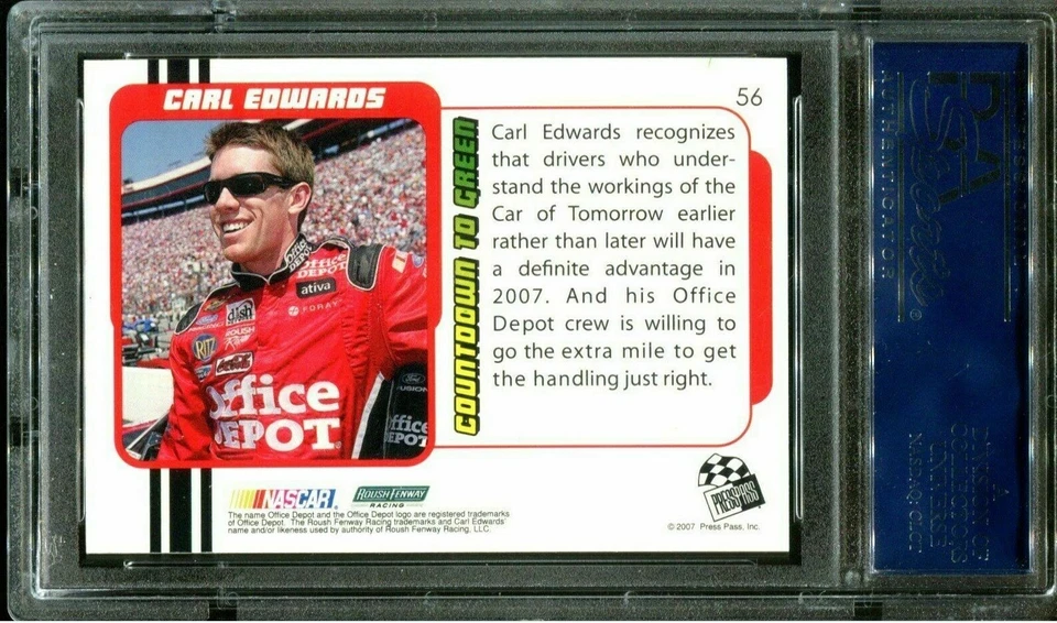 2007 TRAKS #56 CARL EDWARDS POP 1 PSA 10 GEM NASCAR CARD! BEAUTIFUL HISTORY CARD - Image 2 of 2