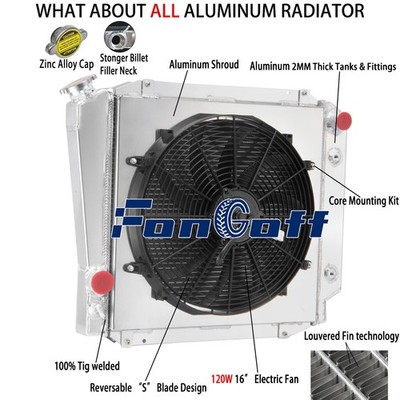 4-Core Radiator+Shroud+Fan Fit 1966-1977 Ford Bronco Base 2.8L 3.3L 5.0L l6 V8