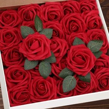 Artificial Flowers 25pcs Real Looking Fake Roses with Stems for 25Pcs, Red