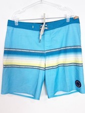 QUIKSILVER HIGHLINE BLUE YELLOW STRIPE SWIM BOARD SURF SHORTS SZ 34 NWT