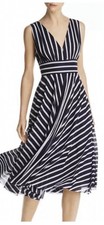 Eliza J Navy White Striped Fit & Flare Dress V-Neck Sleeveless Midi Size 10
