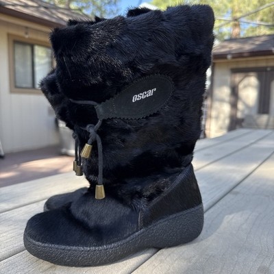 Oscar Sport Italian Apres Ski Black Fur Boots Size 36