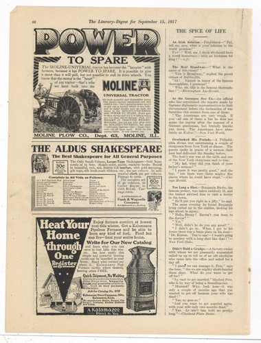 1917 Moline Plow Co. of Moline, Illinois Ad: Universal Tractor, Power to Spare!