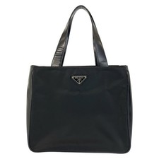 Prada Nylon Leather Tessuto Logo Tote Women Black One Size