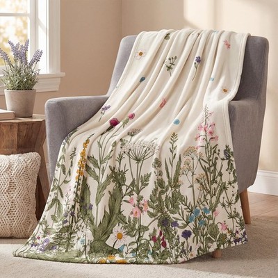 Spring Summer Flannel Blanket Throw, Wildflower Painting Fleece Soft Fuzzy Plush