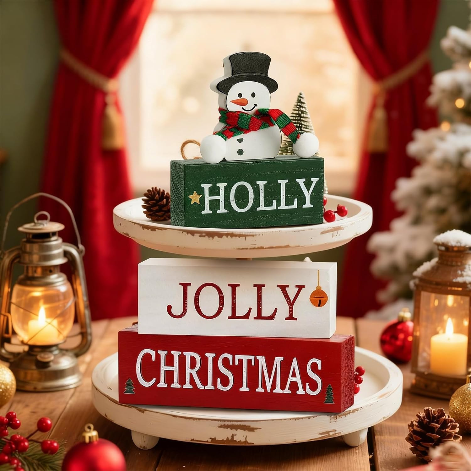 как выглядит Christmas Decorations Snowman Holly Jolly Wooden Sign Indoor Tabletop Xmas Gift фото