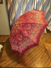 Vintage 1950s Mid-Century Pink Floral Black Carved Handled Parasol Umbrella