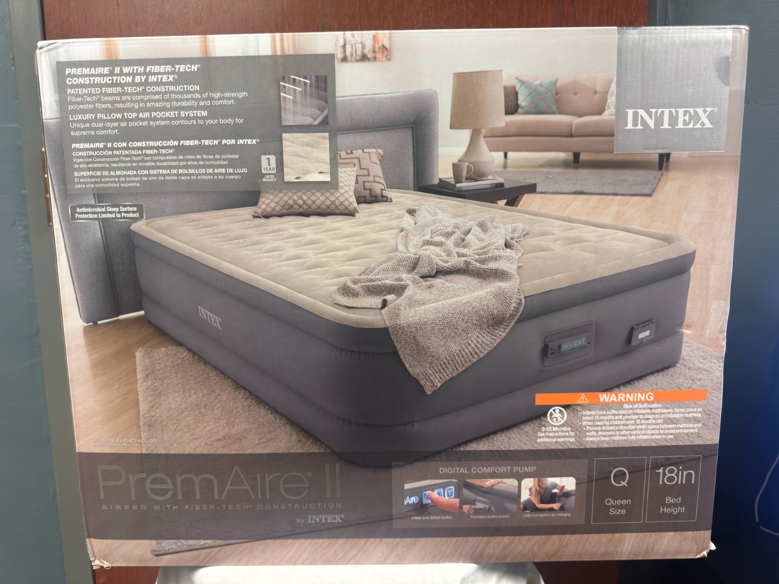 Intex PremAire II Fiber-Tech Elevated Air Mattress with Built In Pump, Queen