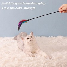 Cat Teaser Wand Toy Long Rod Colorful Feathers Durable Cat Interactive Toy Q7H6