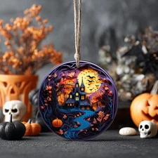 Ceramic Ornament, Halloween Haunted House Decoration, Spooky Moonlit Scene,