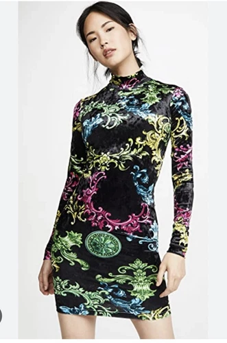 Versace abito da cocktail in velluto nero STAMPA BAROCCA MULTICOLORE Small 4 nuovo con etichetta