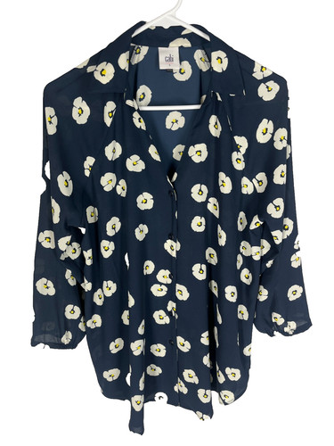 Cabi #5705 Go To Button Up Blouse Size Small Navy White Floral 3/4 Sleeve NEW