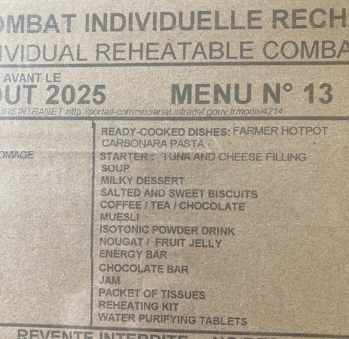 Ration Militaire MRE Française 24h - Menu 14, Date Janv. 2026, Pour Camping, Airsoft, Randonnée