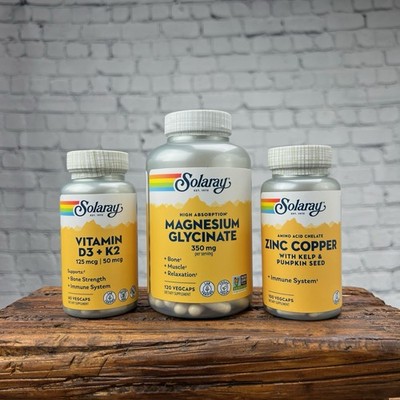 Solaray Daily Foundation 3pc Magnesium Glycinate + Vitamin D3 K2 + Zinc Copper