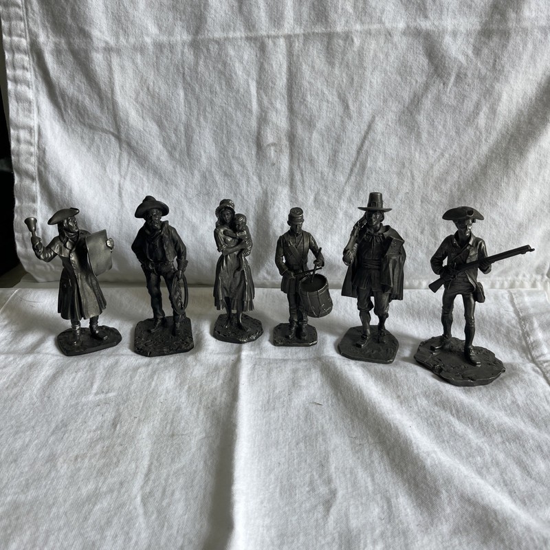 The Danbury Mint Fine Pewter Figurines Town Crier,Cowboy, Pioneer Woman,Pilgrim+