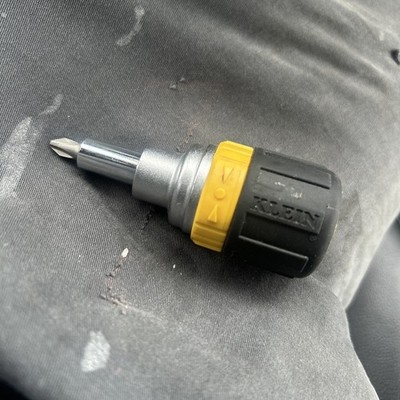 Klein Tools 32593 6-in-1 Ratcheting Stubby Screwdriver- Cushion Grip Handle