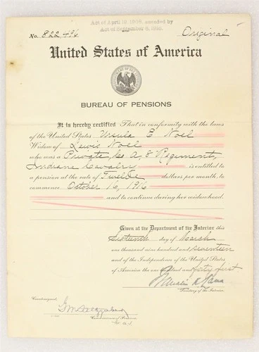 Civil War Pension Document: Granted to Widow of 8th Indiana Cavalry Regiment