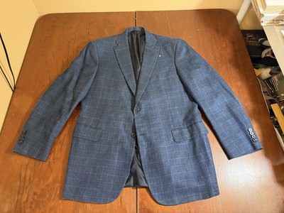 TOM JAMES Bespoke Navy Blue Plaid Sport Coat Suit Blazer 42R Holland Sherry Wool