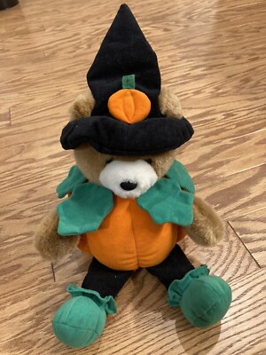 Vintage Plush Creations Halloween Teddy Bear Pumpkin Witch Hat Stuffed Animal