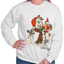 Santa Claus Snowman Christmas Winter Scene Womens Long Sleeve Crew Sweatshirt