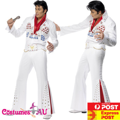Mens Elvis Presley Costume White Red Flare Rock and N Roll 50s