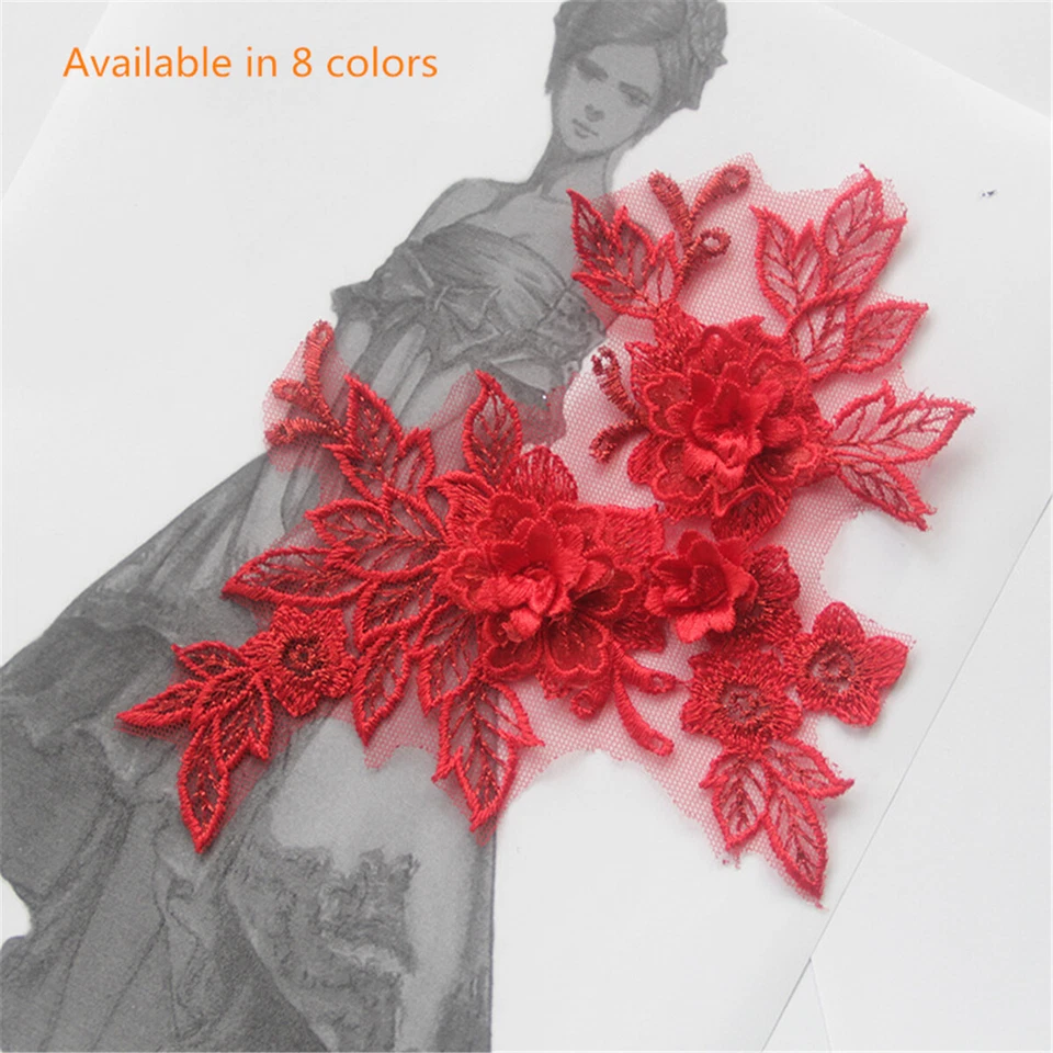 2pcs 3D Embroidery Flower Lace Bridal Applique Lace Tulle Wedding Dress Decor - Image 2 of 4