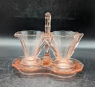 Cambridge Decagon Pink Depression Glass Creamer And Sugar With Stand Set/3