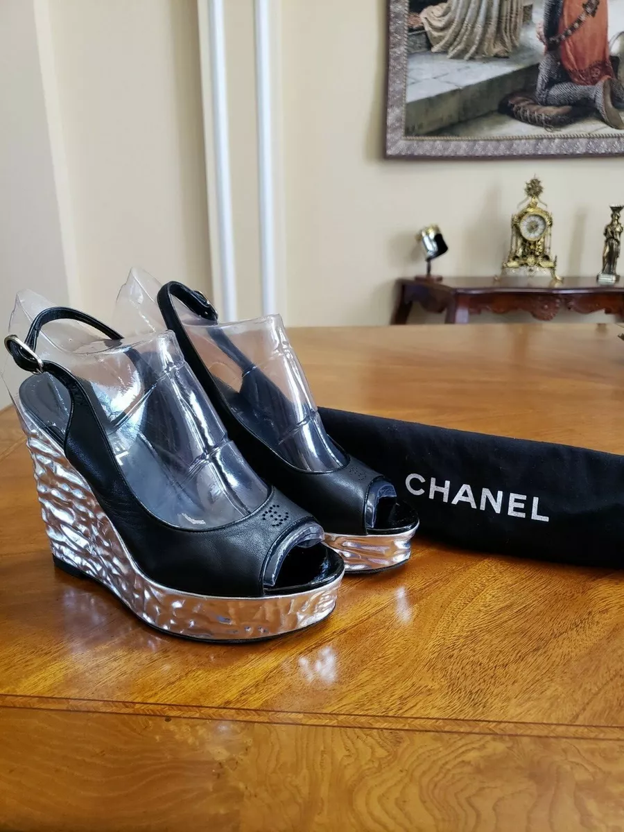 Chanel Silver Metallic Wedge Black Lambskin Open Toe Platforms (US size  8.5)