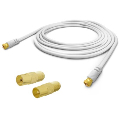 15m TV Antennenkabel max. 135dB 5-fach geschirmt F-Stecker IEC Adapter weiss