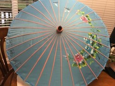 Vtg Asian Rice Paper Hand Painted Umbrella / Parasol - Butterflies/ Flowers