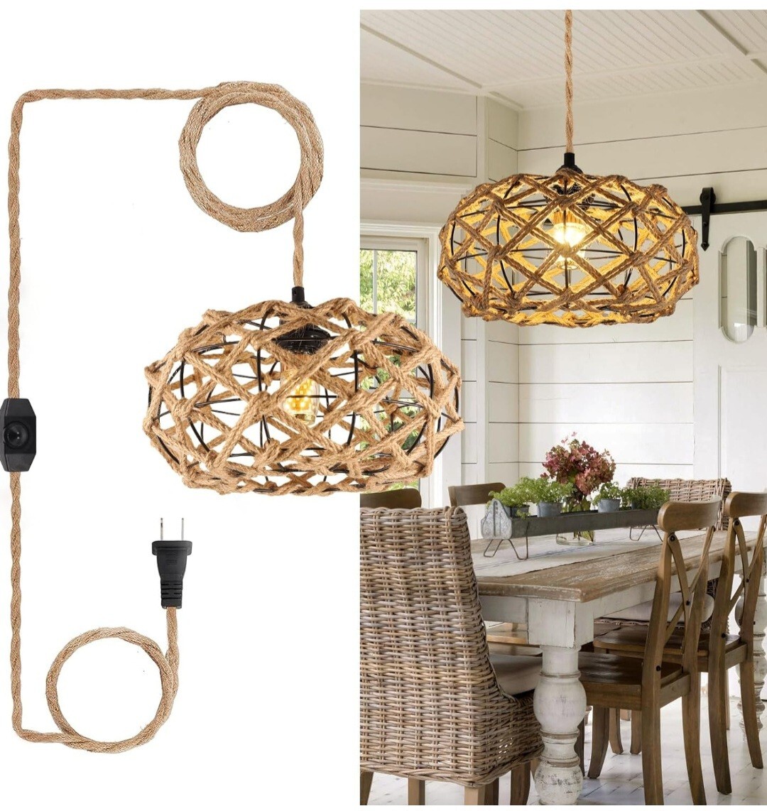 Pendant Light, Dimmable Hanging Lamp with Plug in Cord, Boho Wicker Rattan...