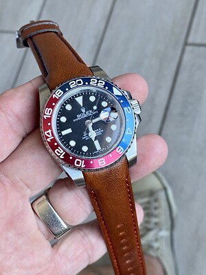 20mm CARAMEL BROWN leather fitted Band Strap Rolex Yachtmaster GMT  (BLUE/RED)