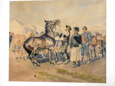 ISTVAN BENYOVSZKY(1898-1969;Europe); IMPRESSIVE WATERCOLOR, MEN w/ HORSES,Signed