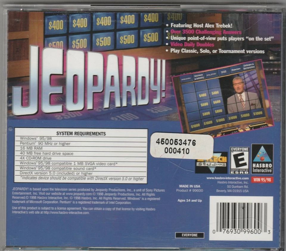 Jeopardy! CD-Rom Game 1st Edition by Hasbro Interactive 1998 for Win 95/98 - Image 3 of 3
